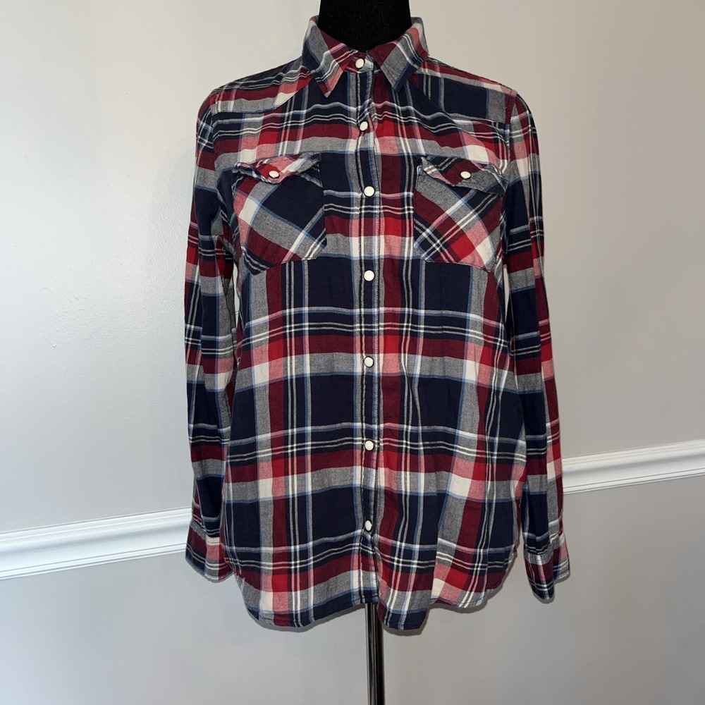 Forever 21‎ Button Shirt Size L Plaid Boyfriend Pearl Snap  Western Cowgirl
